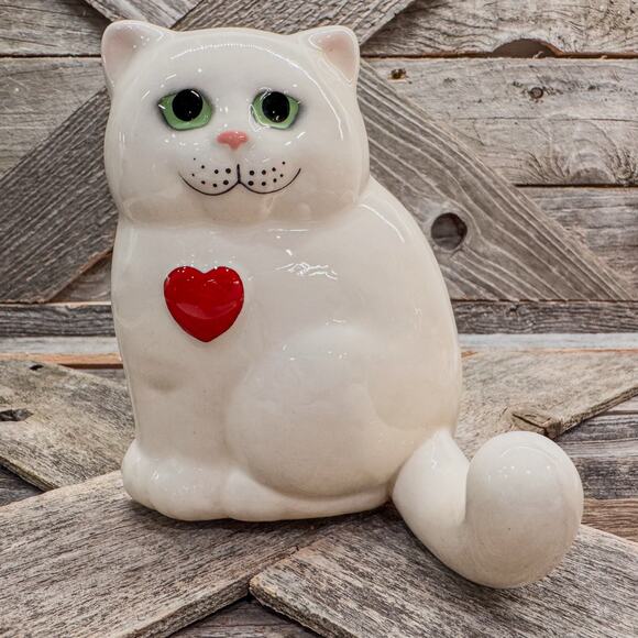 Ceramic Green Eyes Cat w/ Hook Tail & Heart, Wall Hook or Tabletop Decor - Picture 1 of 8